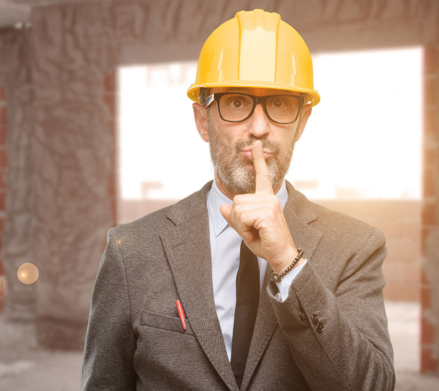 Man with construction helmet makes „shhhh“