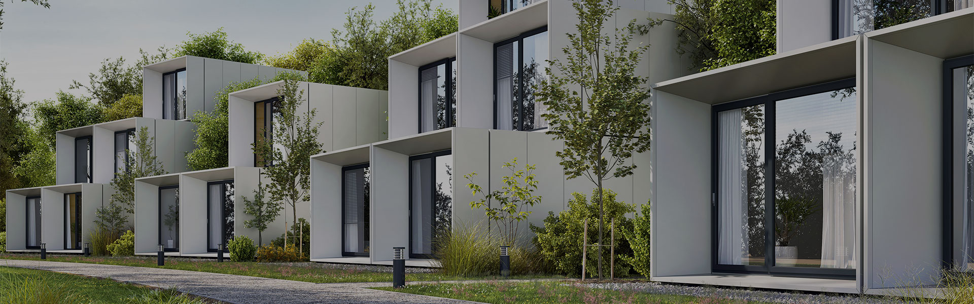 Exterior view of a residential complex with plants